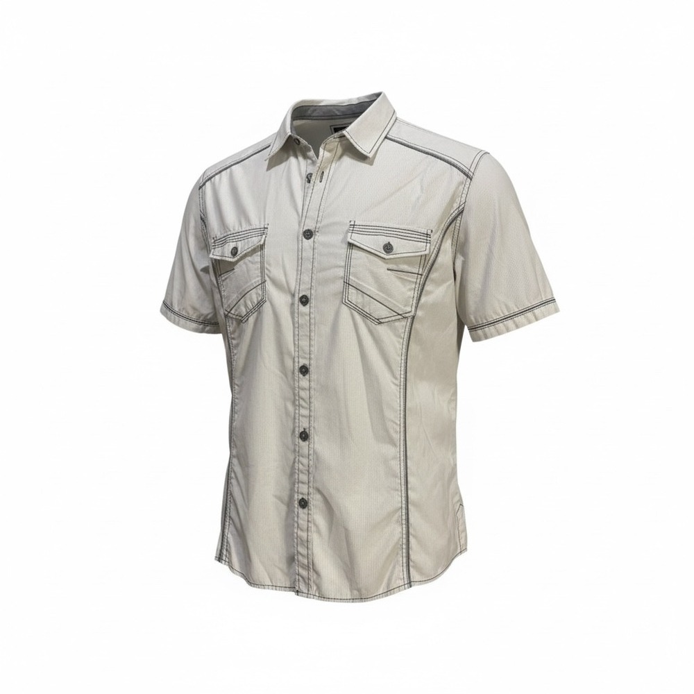 Lansky Bros Mens Short‎ Sleeve Button Up Shirt XL White Grey Pinstripe Western